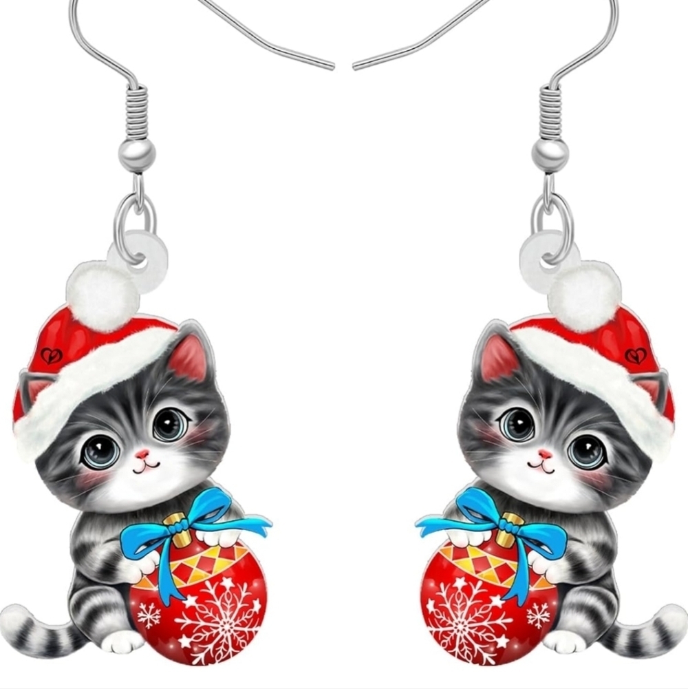 Festive Cat Earrings - Red and Gray